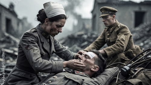 Soldiers in a war-torn landscape receive care from a nurse amidst destruction and despair during a historical conflict