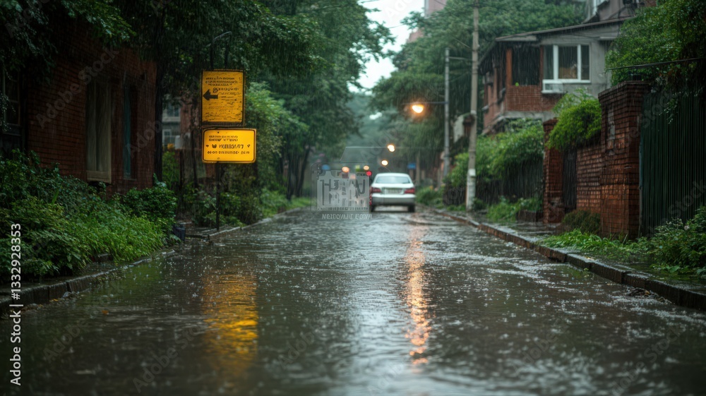 Obraz premium Rainy Residential Street Scene at Night
