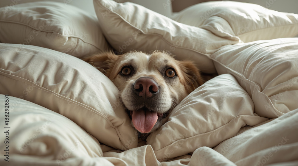 Obraz premium Dog happily relaxing among fluffy pillows in a cozy bedroom setting during the day
