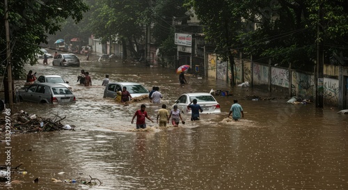 Flooding Street with People Walking Through Deep Water After Rainfall