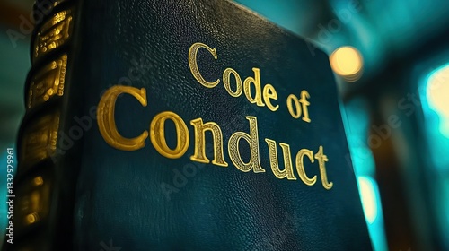Code of Conduct book with gold text on dark cover, resting indoors