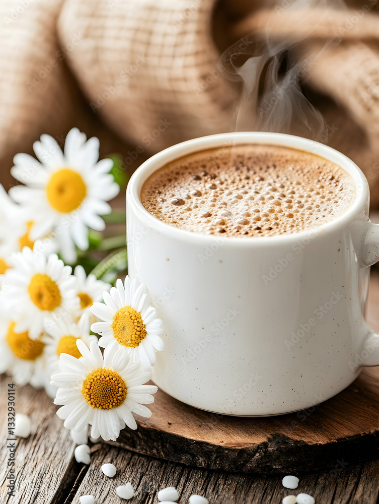 Aromatic coffee with daisies on rustic wood