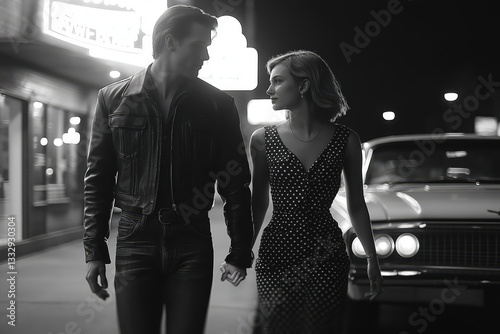 1950s romance captured in a timeless moment, greaser and sweetheart walking together