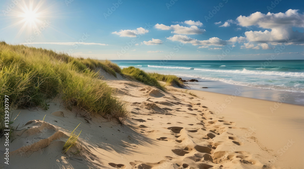 Scenic beach landscape with gentle waves and footprints in sand