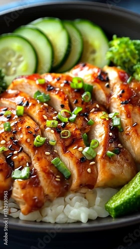 Grilled chicken served over rice with fresh vegetables in a bowl