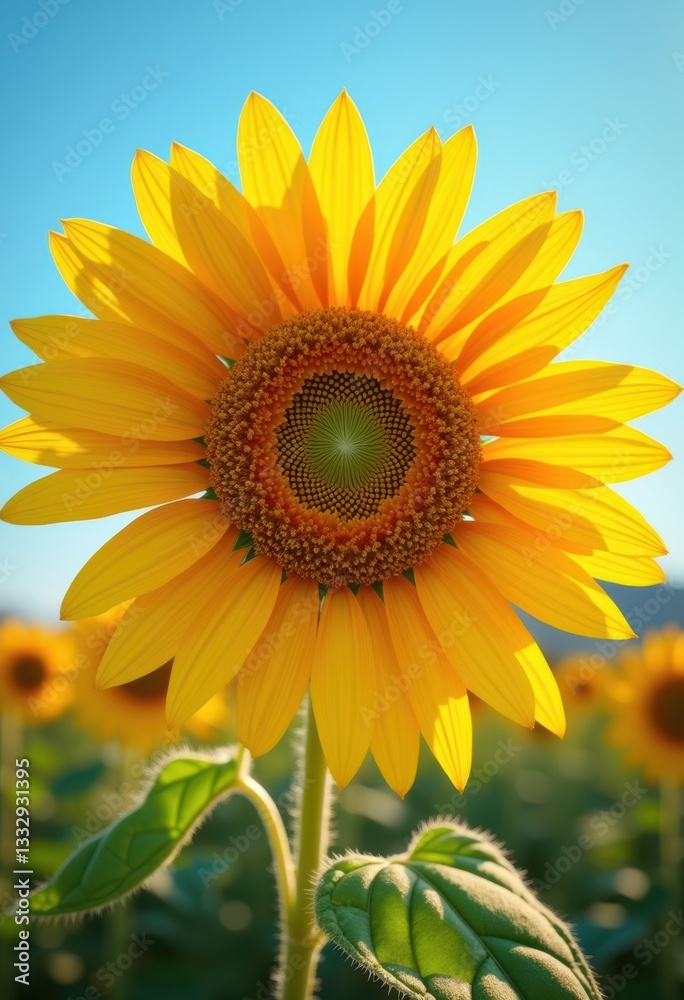 Naklejka premium close vibrant sunflower displaying rich yellow petals lively green leaves vivid colors clear background, leaf, garden, field, light, texture, macro, beauty