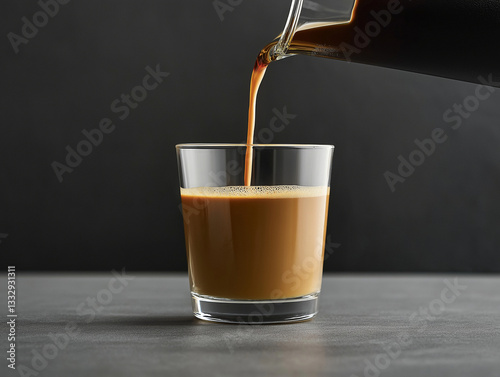 Brewing dark coffee being poured into a clear glass on a dark background during morning preparation
