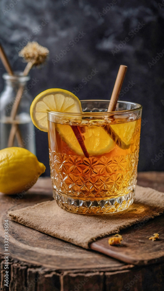 Cozy spiced honey and lemon tea in a glass cup with lemon slice