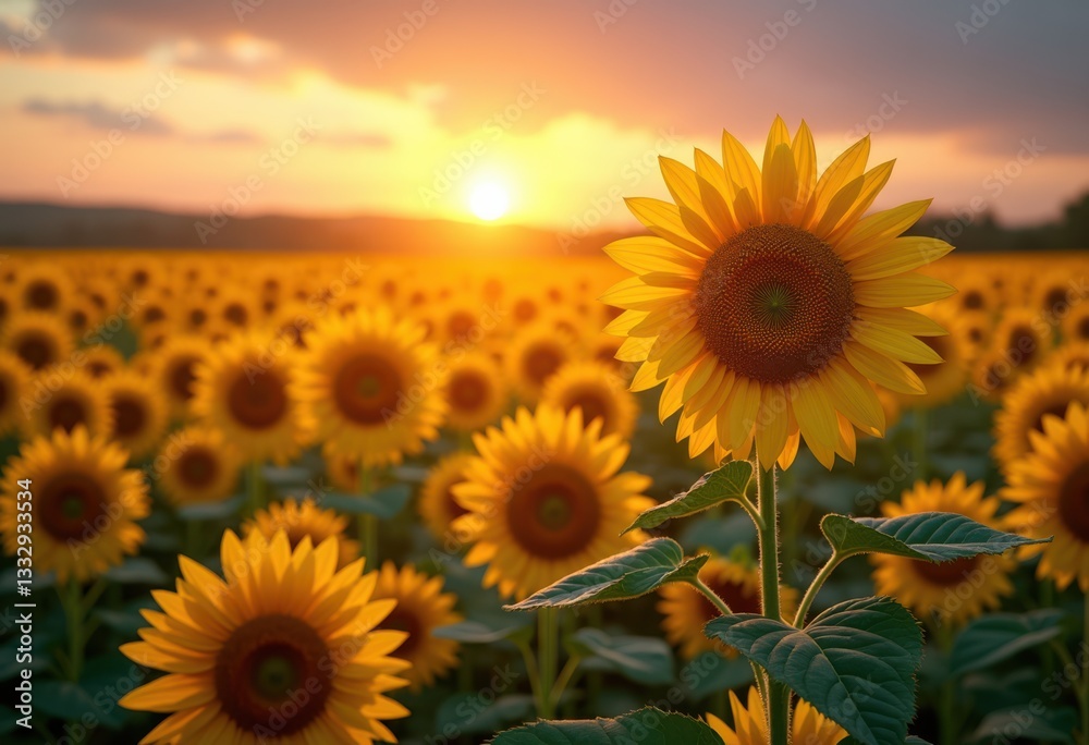 Fototapeta premium vibrant sunflower field golden hour scenic blooms nature sunshine, sunset, sky, flora, landscape, sunny, petal, brightness, spring, summer, valley, pollen