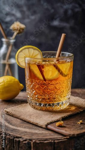 Cozy spiced honey and lemon tea in a glass cup with lemon slice