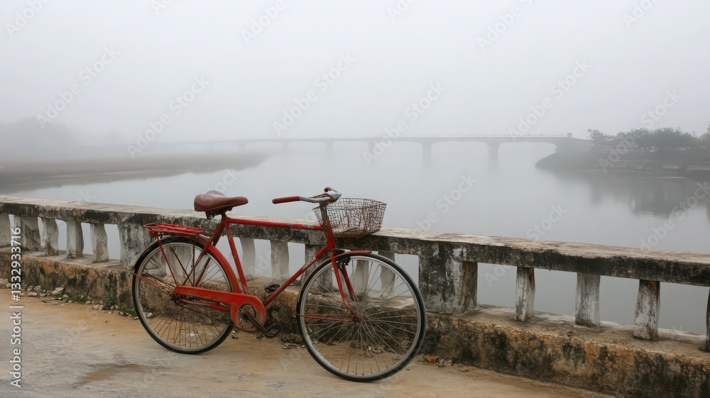 Fototapeta premium Red Bicycle on Foggy River Bridge