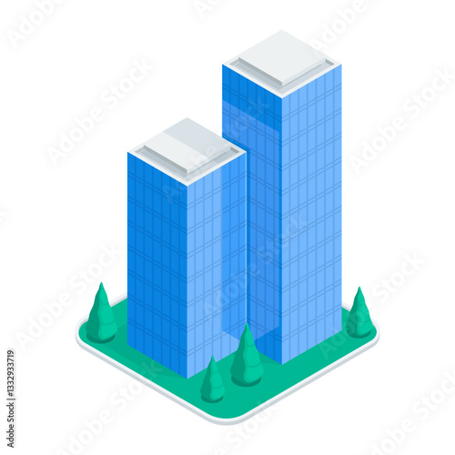 isometric vector skyscraper and trees, in color on white background, city buildings