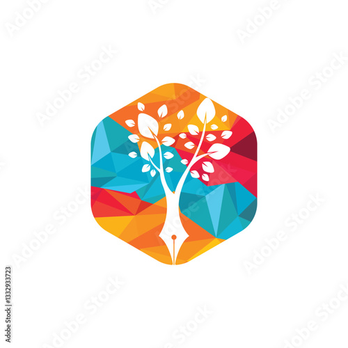 Tree pen vector logo design template. Writer and nature logo concept.