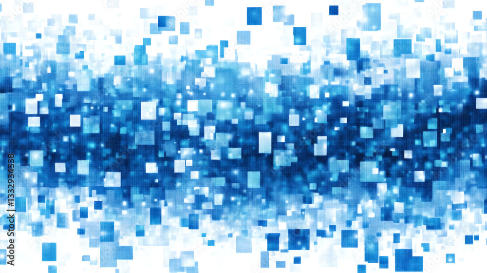 Fototapeta premium Abstract 3D blue square pixel particles scattering, futuristic digital technology pattern isolated on white background.