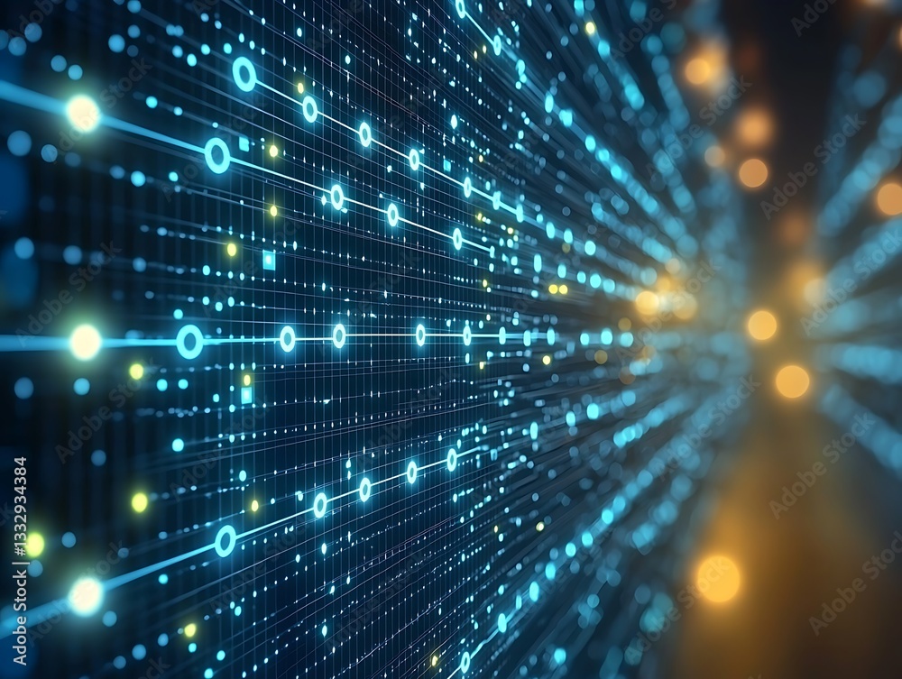 Illuminated glowing abstract data network with flowing lines and dots Illuminated glowing abstract data network with flowing lines and dots