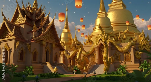 Golden Temple with Dragons and Lanterns in Thailand Cultural Landscape