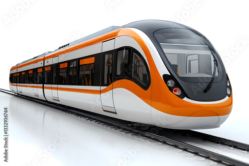 Modern orange and white train on a track reflected on a bright clean surface.
