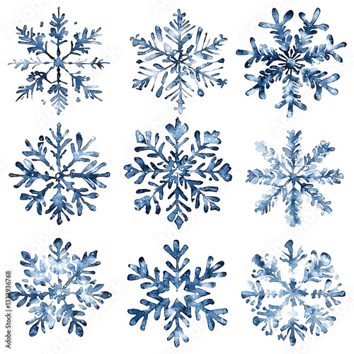A collection of nine watercolor snowflakes each with a unique design in varying shades of blue on a white background.