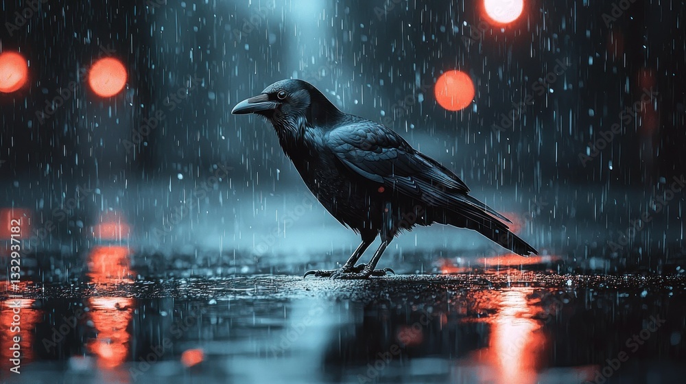 Fototapeta premium Crow stands in rain, illuminated by blurred lights, on dark wet pavement