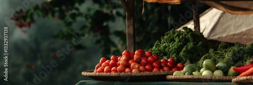 A vibrant display of fresh tomatoes, kale, and cucumbers showcases the beauty of local produce, reflecting a connection to nature and healthy eating in a market setting. photo