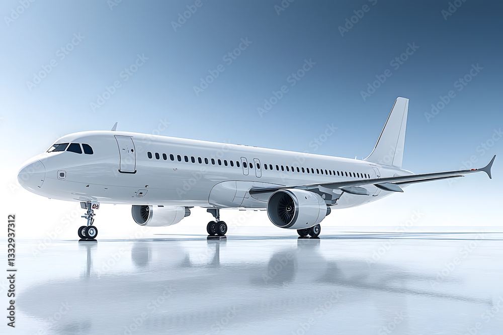 Sleek white airplane under a bright gradient blue sky reflecting off a smooth polished surface. Sleek white airplane under a bright gradient blue sky reflecting off a smooth polished surface.