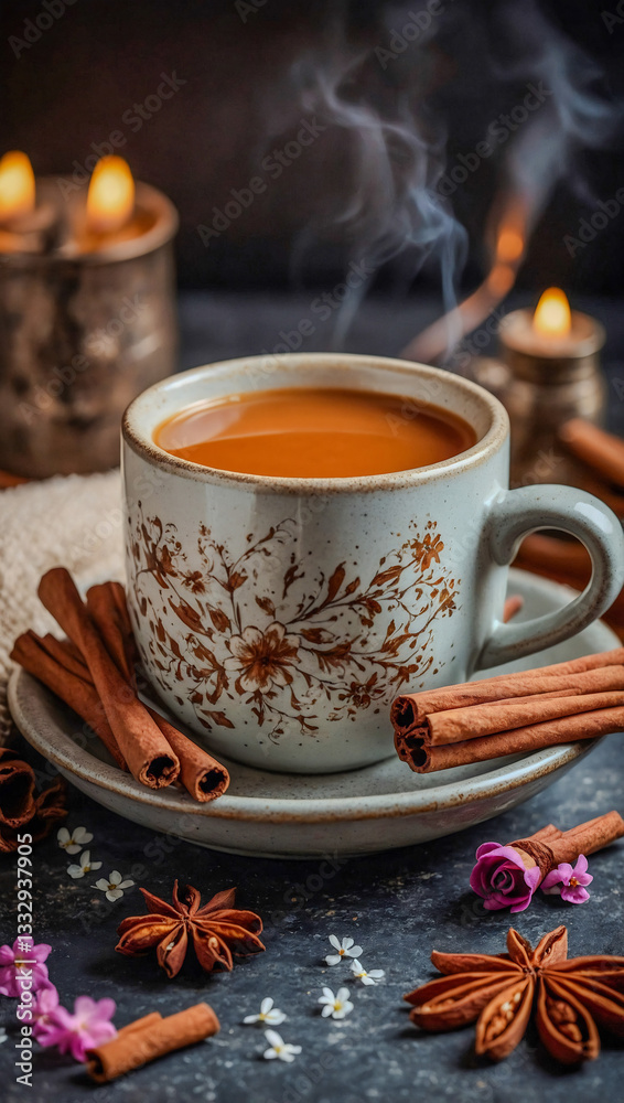Cozy warm drink in a mug with cinnamon and flowers Cozy warm drink in a mug with cinnamon and flowers