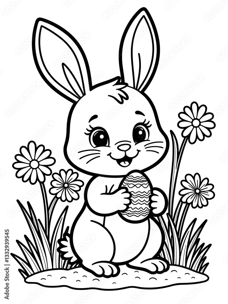 Fototapeta premium Cute bunny holding an Easter egg in a flower garden