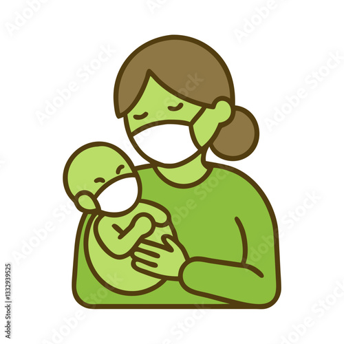 Mother holding baby icon with face masks in green tones