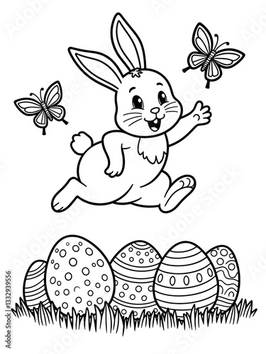 Easter bunny joyfully hopping among decorative eggs and butterflies  