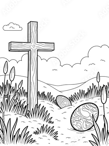 Easter coloring page with eggs and a wooden cross in nature  