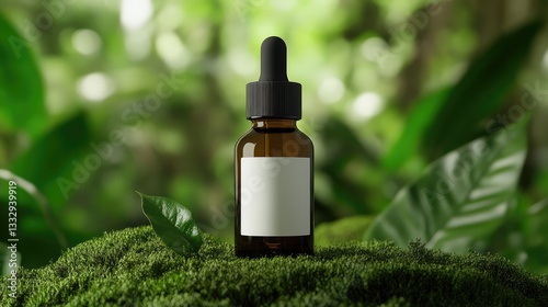Amber Glass Tincture Bottle with Black Dropper and White Vertical Label on Mossy Forest Floor – Earthy and Natural Display