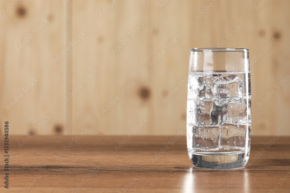 Refreshing soda water with ice cubes in glass on wooden table. Space for text Refreshing soda water with ice cubes in glass on wooden table. Space for text