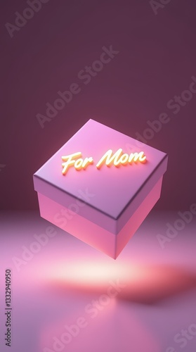 futuristic Mother's day product mockup, floating pastel pink gift box, soft white neon text reading “For Mom” in a sleek, modern font. The background transitions from deep black to a soft pastel glow
