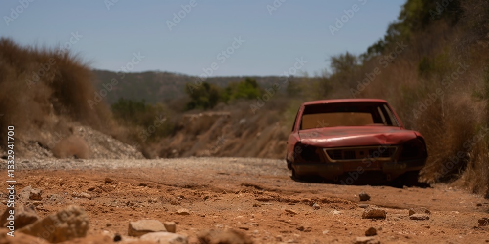 An old, rusty red car stands alone on a deserted dirt road, surrounded by wild grasses, conveying themes of neglect, decay, and forgotten journeys.