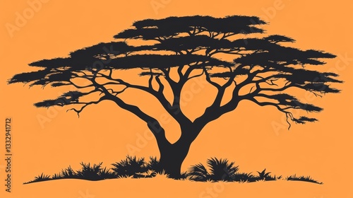 Against a vibrant orange sunset, a lone acacia tree casts its silhouette across the African savanna