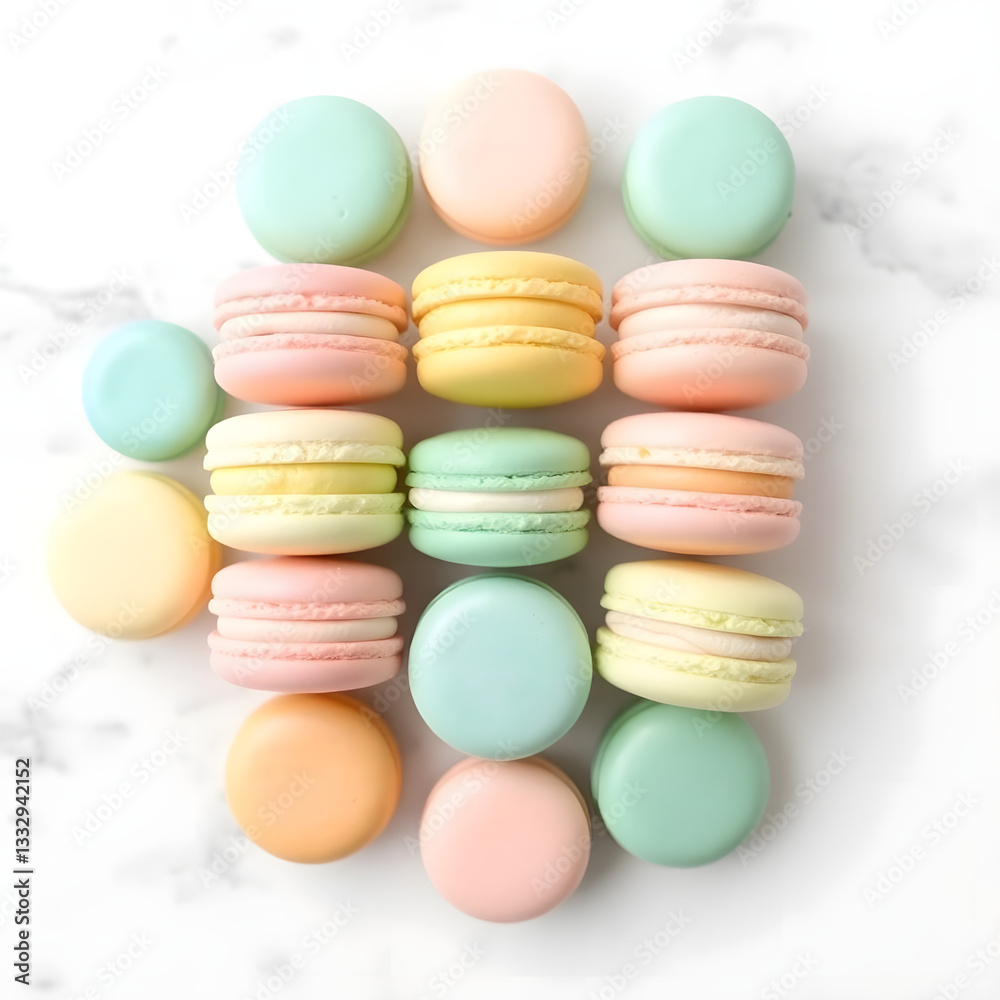 Fototapeta premium Pastel macarons on marble background, sharp focus, soft background blur, commercial quality.