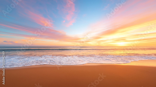 tranquil beach scene at sunset, featuring vibrant colors in sky and gentle waves lapping at sandy shore. horizon creates serene atmosphere