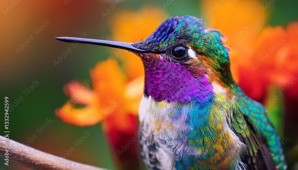 close up of a beautiful colorful hummingbird sitting on a branch with flowers rainbow plumage feathers close up of a beautiful colorful hummingbird sitting on a branch with flowers rainbow plumage feathers