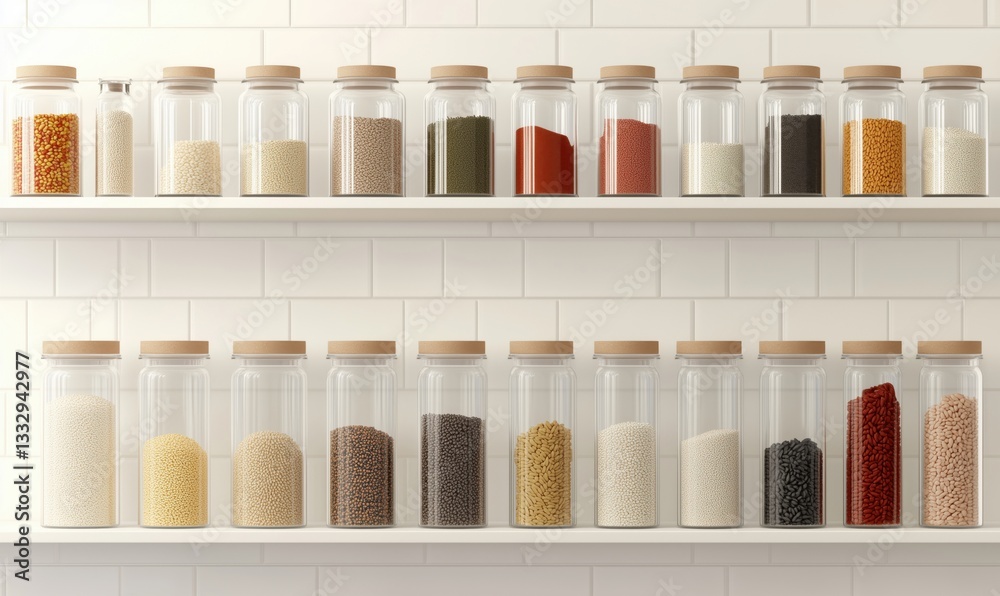 Organized spice and grain jars on shelves in modern kitchen setting Organized spice and grain jars on shelves in modern kitchen setting