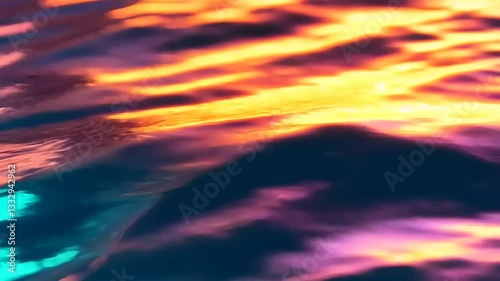 Vibrant sunset reflections on water surface, showcasing a blend of orange and purple hues