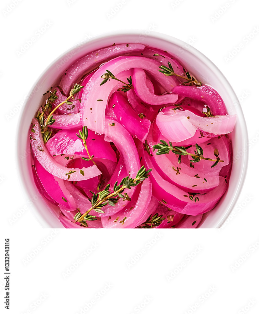 Obraz premium Pickled Red Onions with Thyme in a White Bowl on Transparent Background, PNG