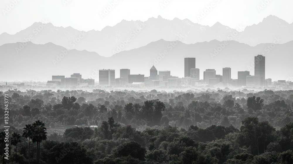 Obraz premium Distant city skyline over a wooded area with mountains in the background