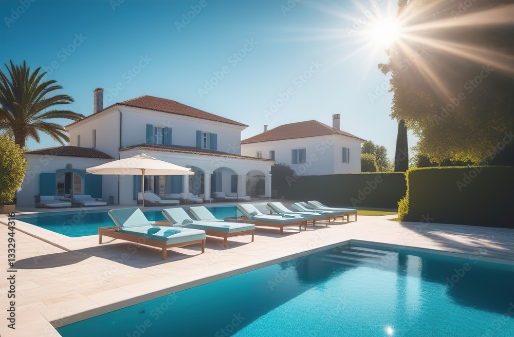 Fototapeta premium Beautiful backyard of an elegant and modern house with a swimming pool and sun loungers, short grass, trees and tropical plants, blue sky in the background.