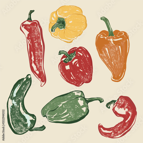Vector vegetable doodle set of bell pepper and chili. Hand-drawn garden harvest. Organic farm graphics. Tasty food for design, veggie market drawing print, fabric or background.