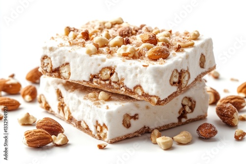 Three pieces of soft white marshmallow taffy are stacked together, surrounded by various crunchy nuts that enhance their appeal and texture