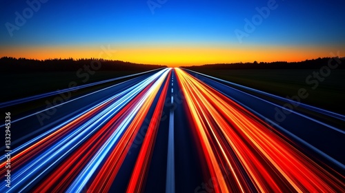 A race track illuminated at night, with glowing tire tracks forming a captivating pattern beneath a dramatic sky