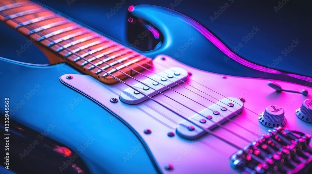 Fototapeta premium Electric guitar close-up; blue and pink lighting on the body and neck