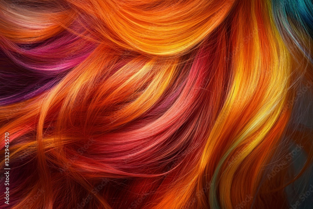 Abstract, colorful hair strands in wavy patterns, blending hues of orange, red, pink, and yellow Abstract, colorful hair strands in wavy patterns, blending hues of orange, red, pink, and yellow