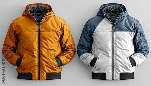 Two stylish winter jackets featuring a zipper and a hood design