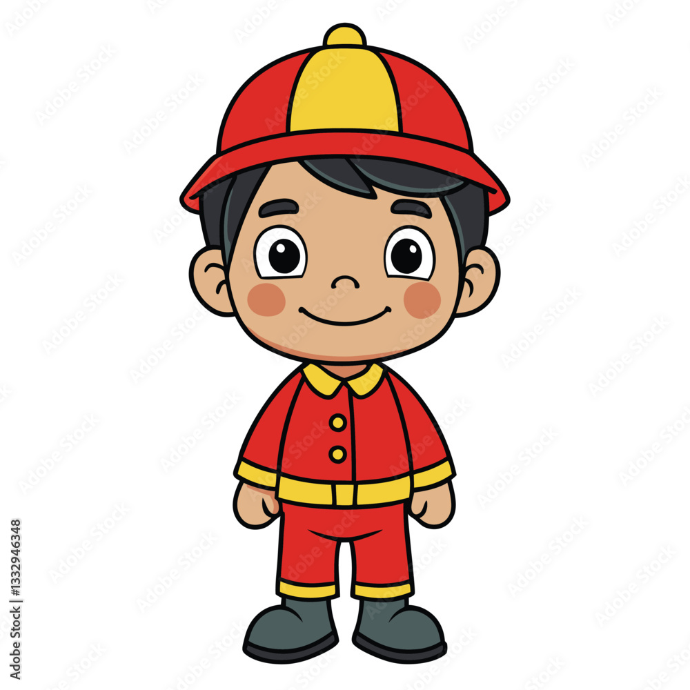 Illustration of a cute handrawn icon of a child wearing a firefighter uniform Illustration of a cute handrawn icon of a child wearing a firefighter uniform